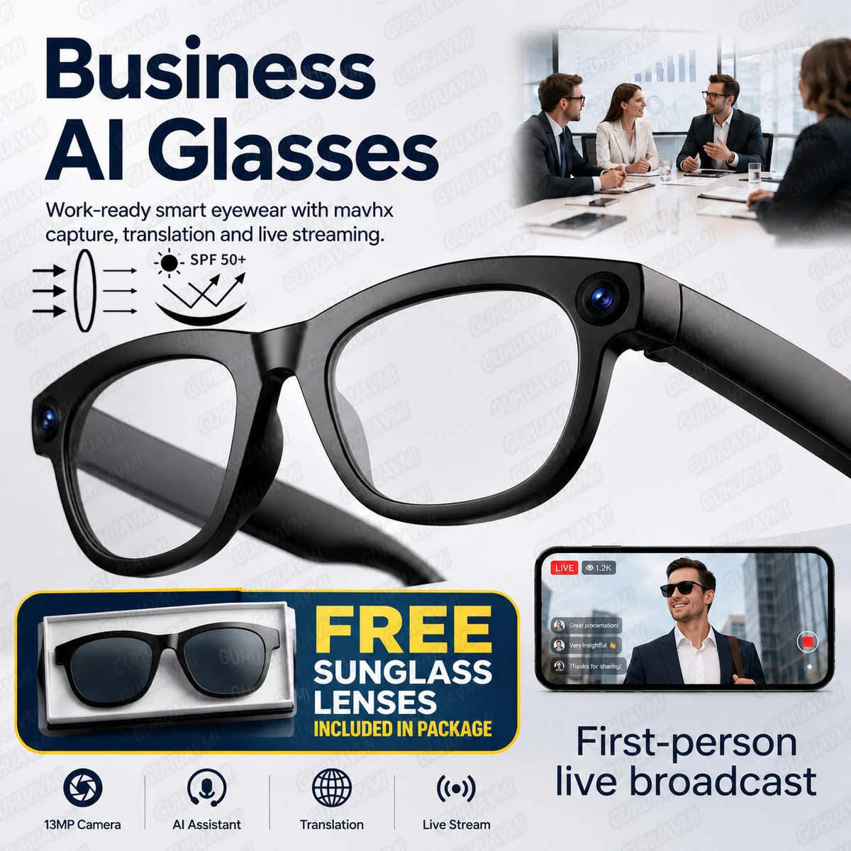 2026 AI Smart Glasses 13MP POV Camera Real-Time Translation, Live Streaming, Voice Assistant, Open-Ear Audio for Business Travel