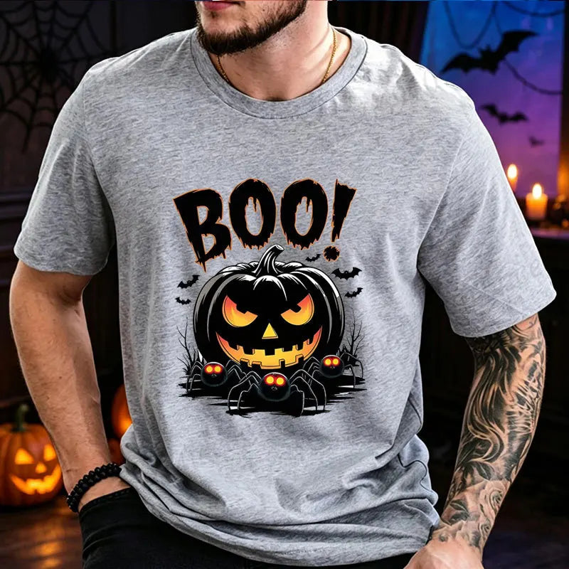 Men Halloween Boo Pumpkin Print T‑Shirt O‑Neck Casual Tee Spooky Spider Bat Graphic Tops Holiday Party Streetwear Men Clothing