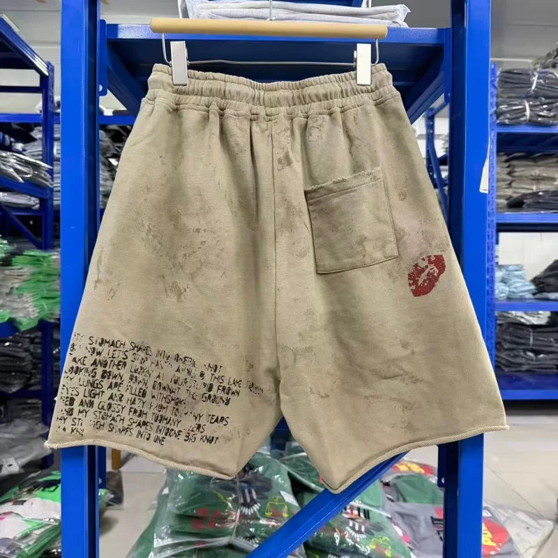Y2K Grunge Sweat Shorts Men Vintage Washed Graphic Print Loose Fit Streetwear Casual Shorts