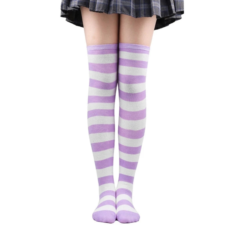 Thigh High Socks Japanese Cosplay Anime Multicolor Striped Printed Over Knee Long Stockings for Women Leg Warmer
