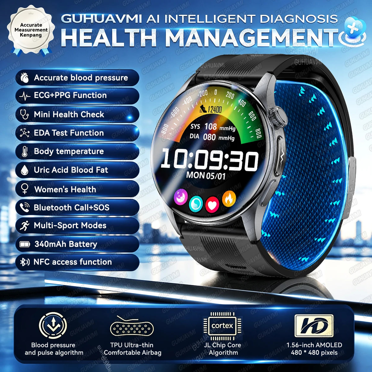 2026New Upgrade Airbag Health Smart Watch Accurate Blood pressure Uric Acid ECG 1.56“AMOLED Screen payment Fitness Nursing Watch