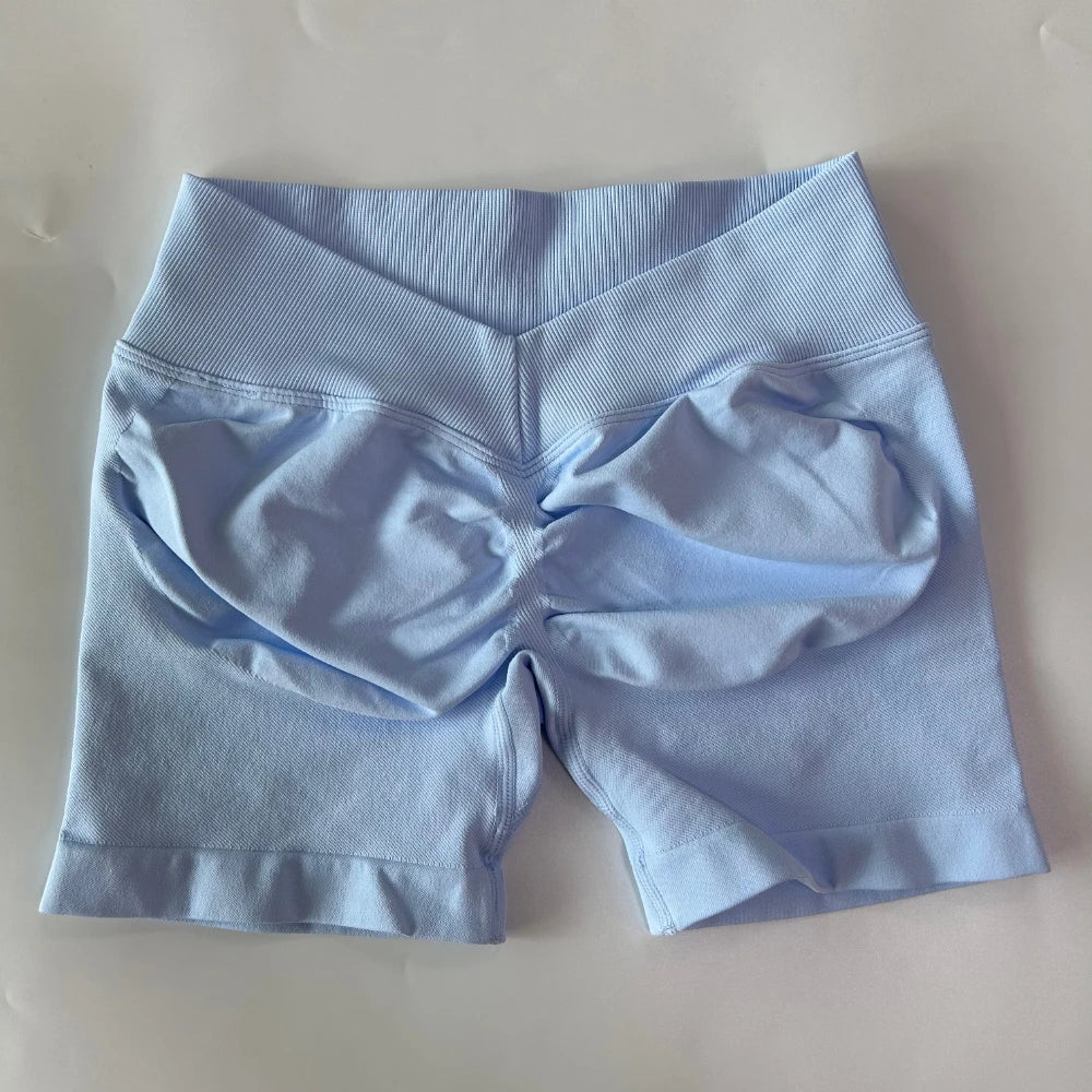 No Logo Women Back V Waist Yoga Shorts High Elastic Seamless Flex Scrunch Bum Workout Gym Shorts Yoga Booty Running Short Pants