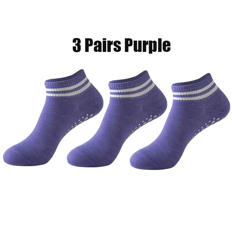 3 Pairs Yoga Socks for Women Non Slip Pilates Grip Socks with Double Stripes Ankle Sport Workout Ballet Athletic Socks