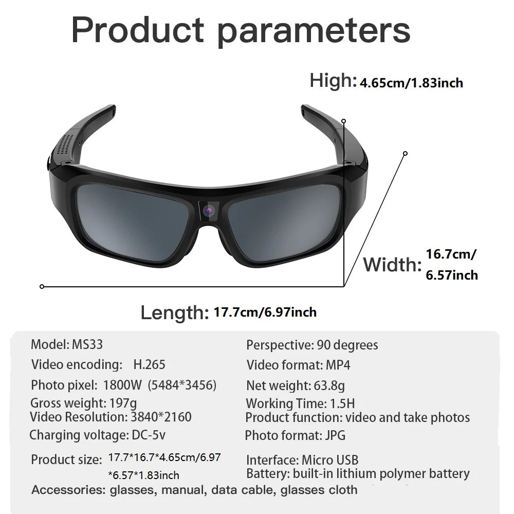 4K HD Mini Camera Glasses Bike Surveillance Video Recorder Photograph Action Cam Sunglasses Outdoor Sports Micro Body Camcorder