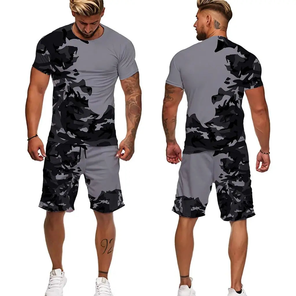 Summer Men Camouflage T shirt Set 3D Print Men's Tracksuit Suit Outdoor Camping Hunting Oversized Casual Tee Shorts 2PCS Outfits
