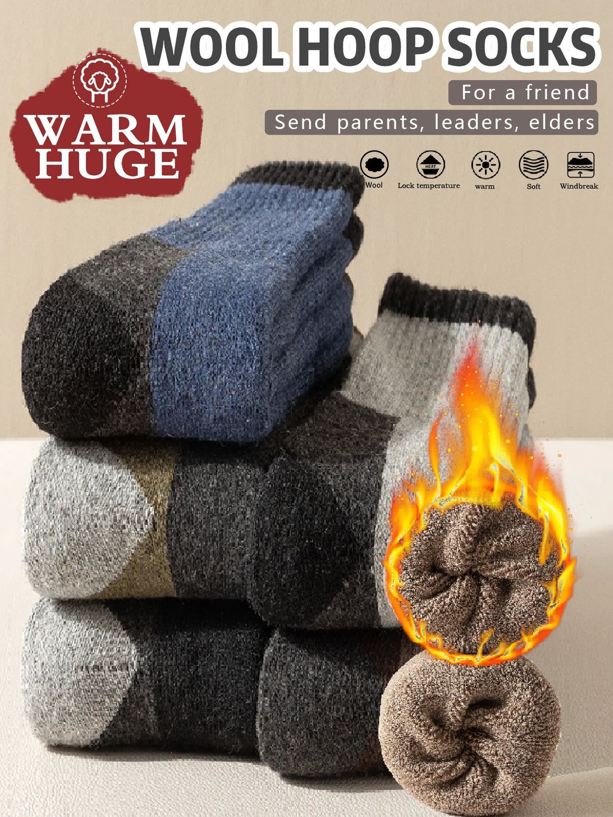 5 Pairs Men's Thickened Towel Socks for Hiking Sports Winter Warm Thermal Mid-calf Fleece Lined Retro Style