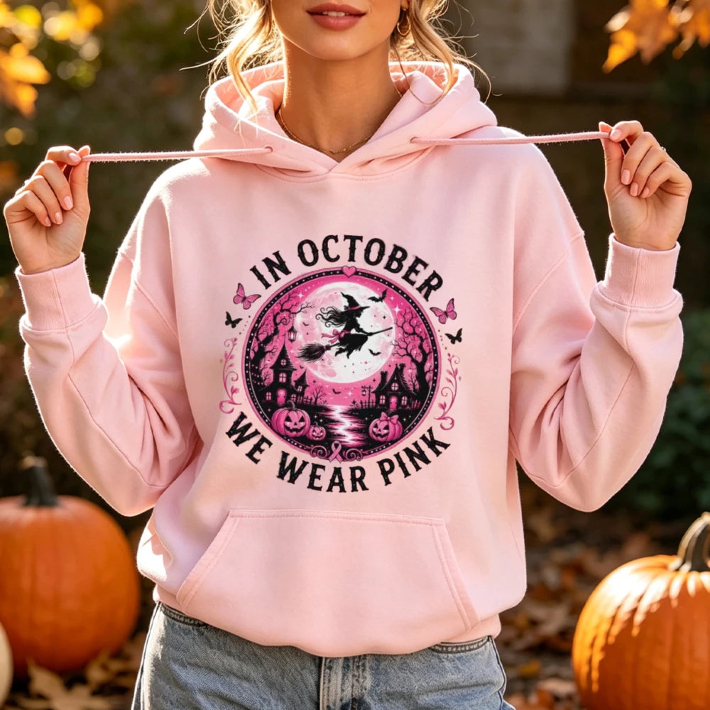In October We Wear Pink Print Hoodie Halloween Witch Graphic Pullover Pink Ribbon Survivor Support Long Sleeve Blouse Hoodies