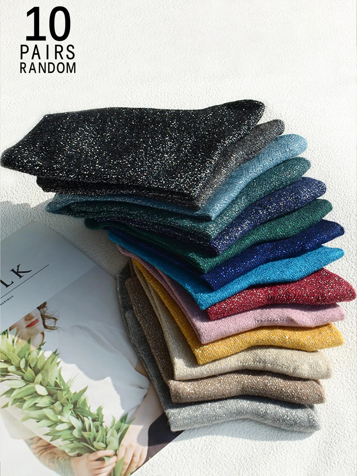 3/5/10/15 Pairs Random Solid Color Glitter Crew Socks ,Random Solid Color Glitter Crew Socks , Comfortable & Versatile for Women