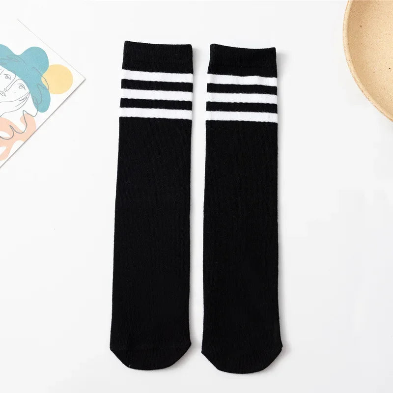 28cm Kids Soccer Socks Three Stripes Knee High Socks Cotton Sports Socks Toddler Boys Girls Uniform Tube Socks