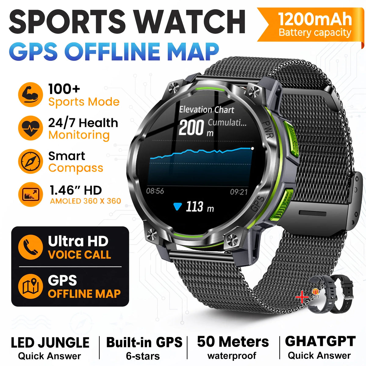 New Technology 2026 Offline Map GPS Smart Watch Men 1200mAh Battery Waterproof Compass Altimeter 100+Sports Military Smart Watch