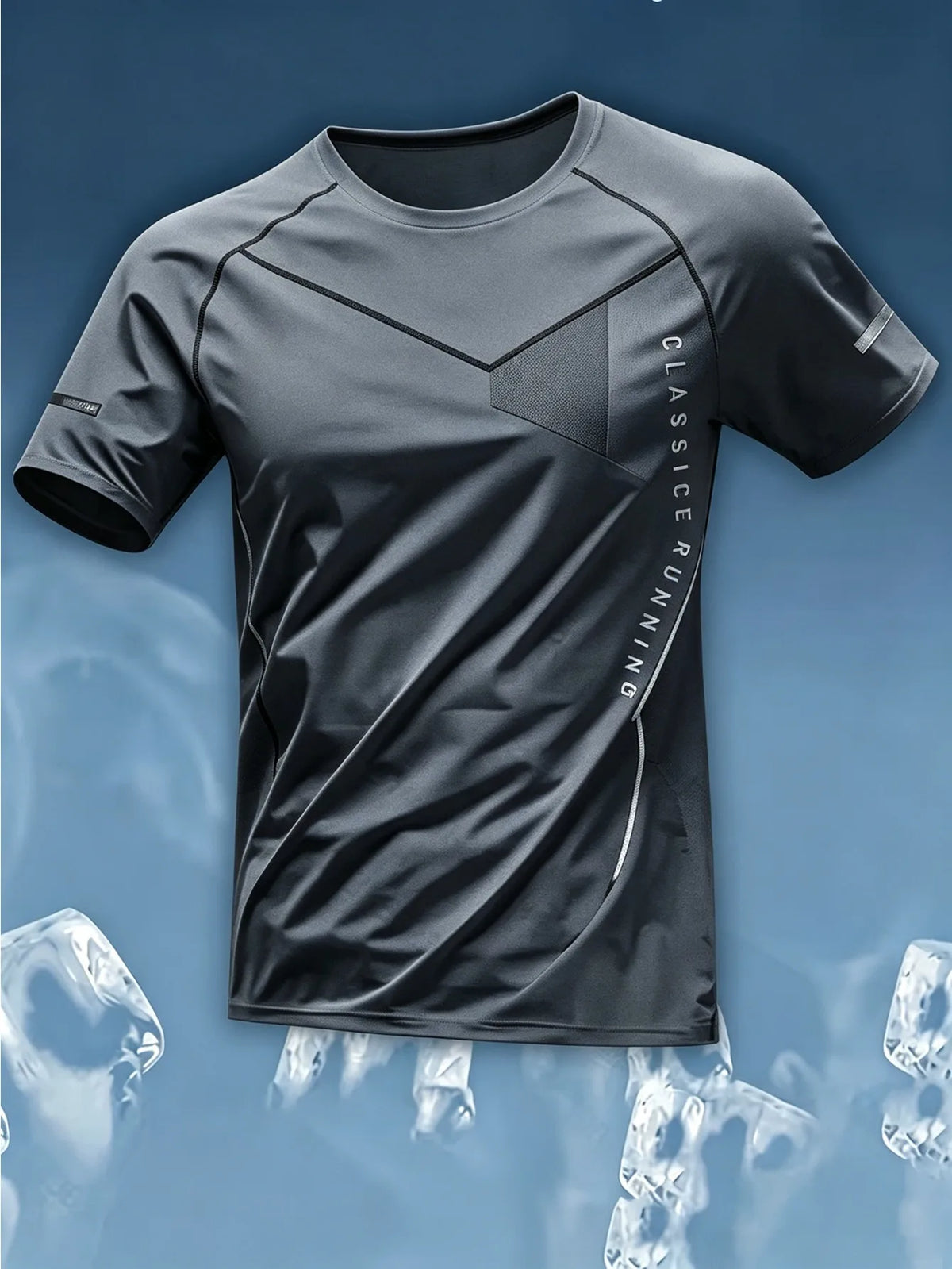 Men Sports Tee High Elastic Quick Dry Breathable Light Blue Geometric Letter Print Running Fitness Training Top