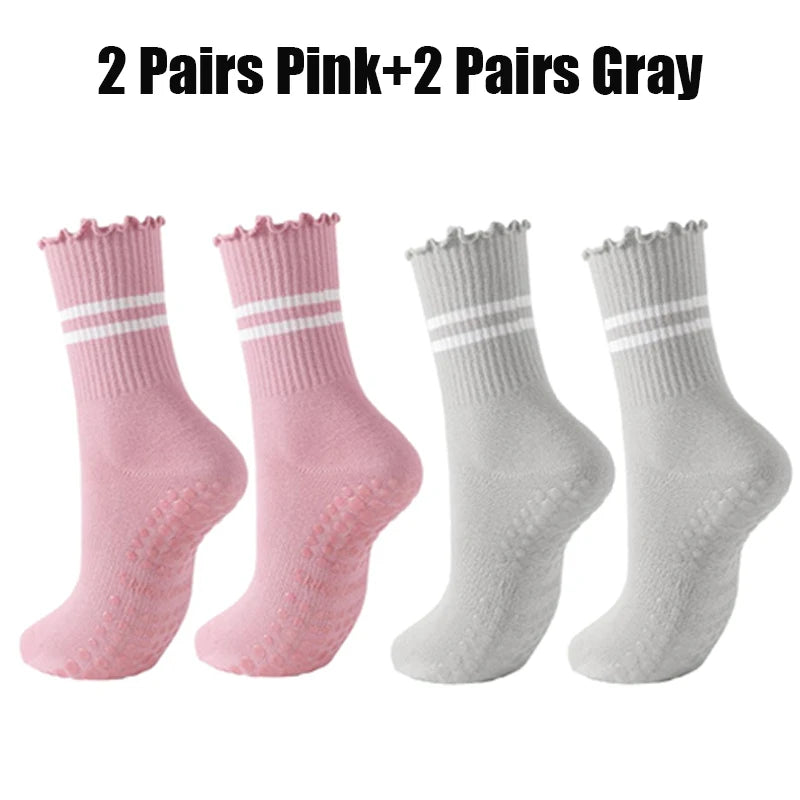 4 Pairs Yoga Socks for Women Cotton Breathable Mid Tube Anti Slip Pilates Socks Stripe Floor Sports Grip Socks