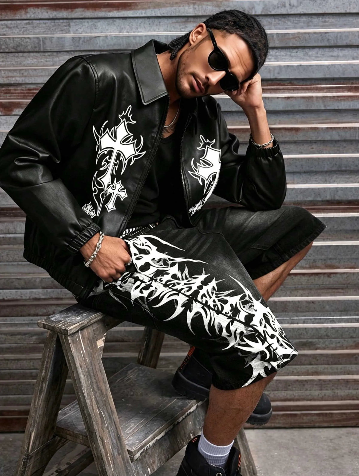 Men Black Non-Stretch Denim Jorts Summer Streetwear Print Baggy Wide Leg Knee Length Hip Hop Casual Shorts Y2K Punk Style