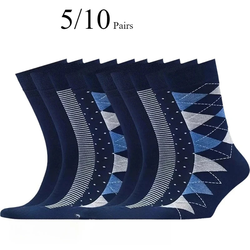 5/10 Pairs Men's Rhombus Blue Business Mid Tube Socks Anti Odor Sweat Absorbing Comfortable Breathable All Season Casual Socks