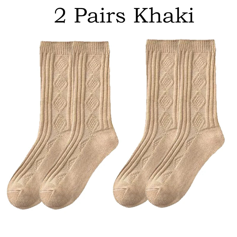 2 Pairs Cashmere Socks Wool Women's Boot Socks Diamond Check Thicken Warm Mid Tube Thermal Fashion Solid Simple Snow Socks