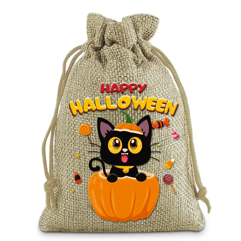 Halloween Burlap Drawstring Bag Linen Drawstring Organizer Gift Bag Trick Or Treat Candy Bag For Halloween Birthday Party Kids