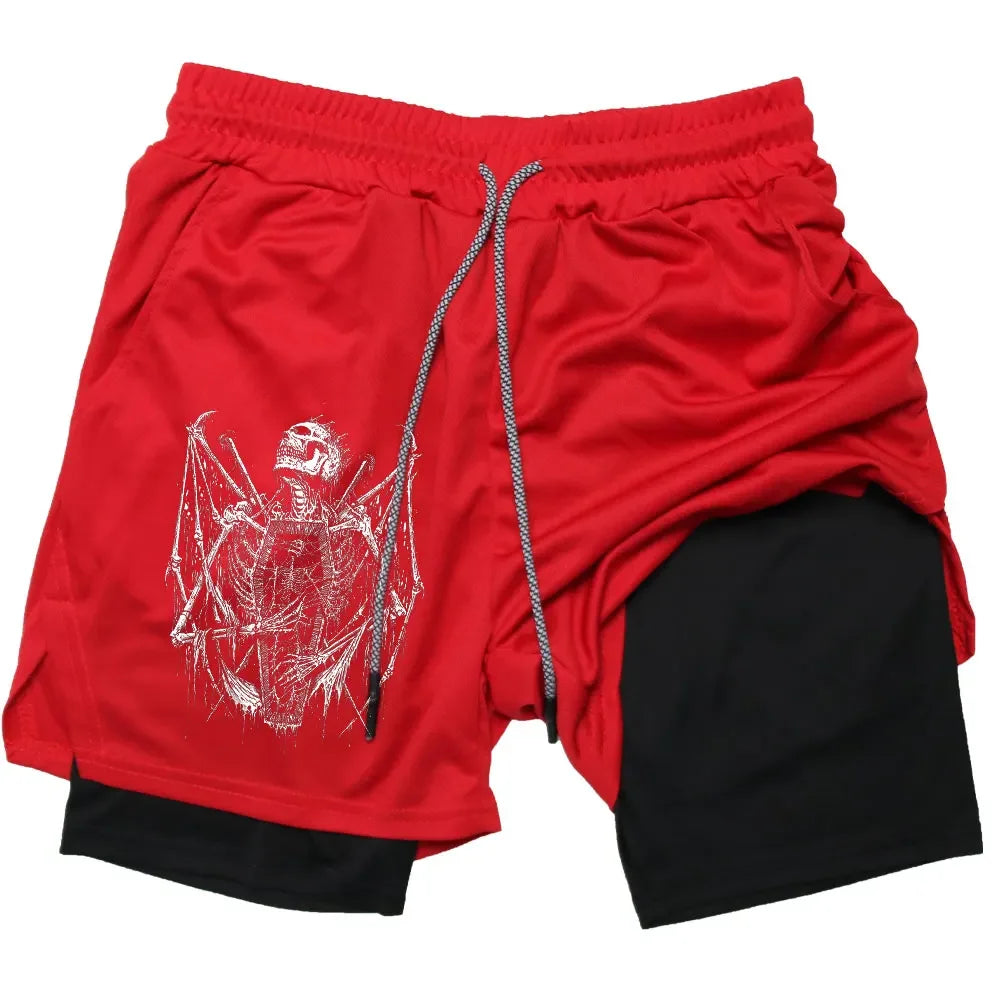 Y2K Performance Shorts Men Quick-drying Fitness Skull Print Double Layer Shorts Workout Training Running Bodybuilding Sportwear