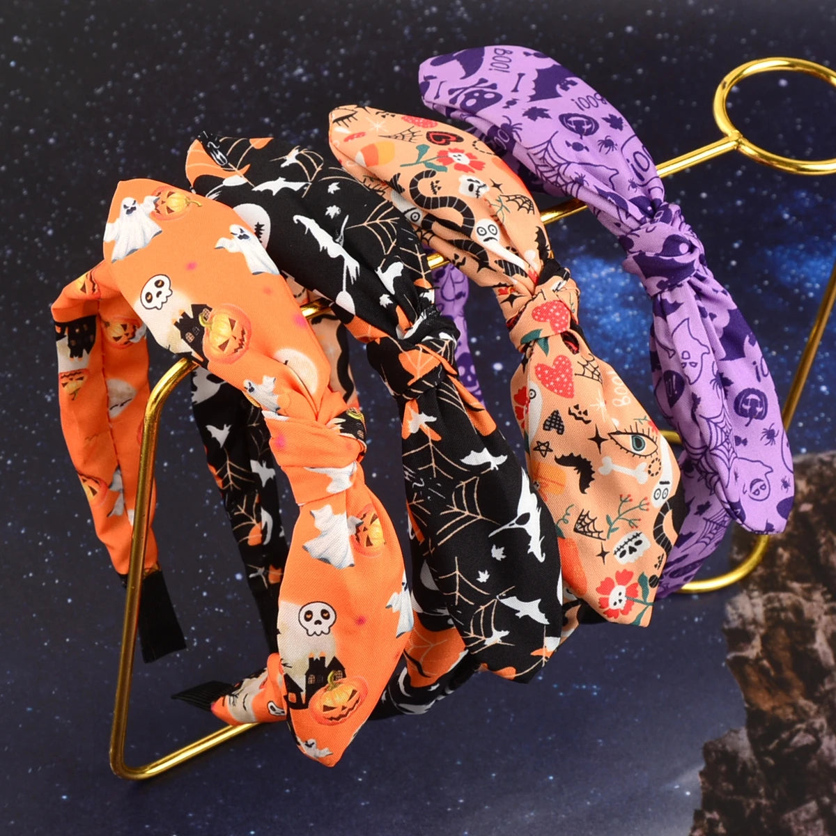 Vintage Halloween Print Bow Hairband, Spider Web Skull Pattern Knotted Headband, Party Dress‑up Hair Accessories for Ladies