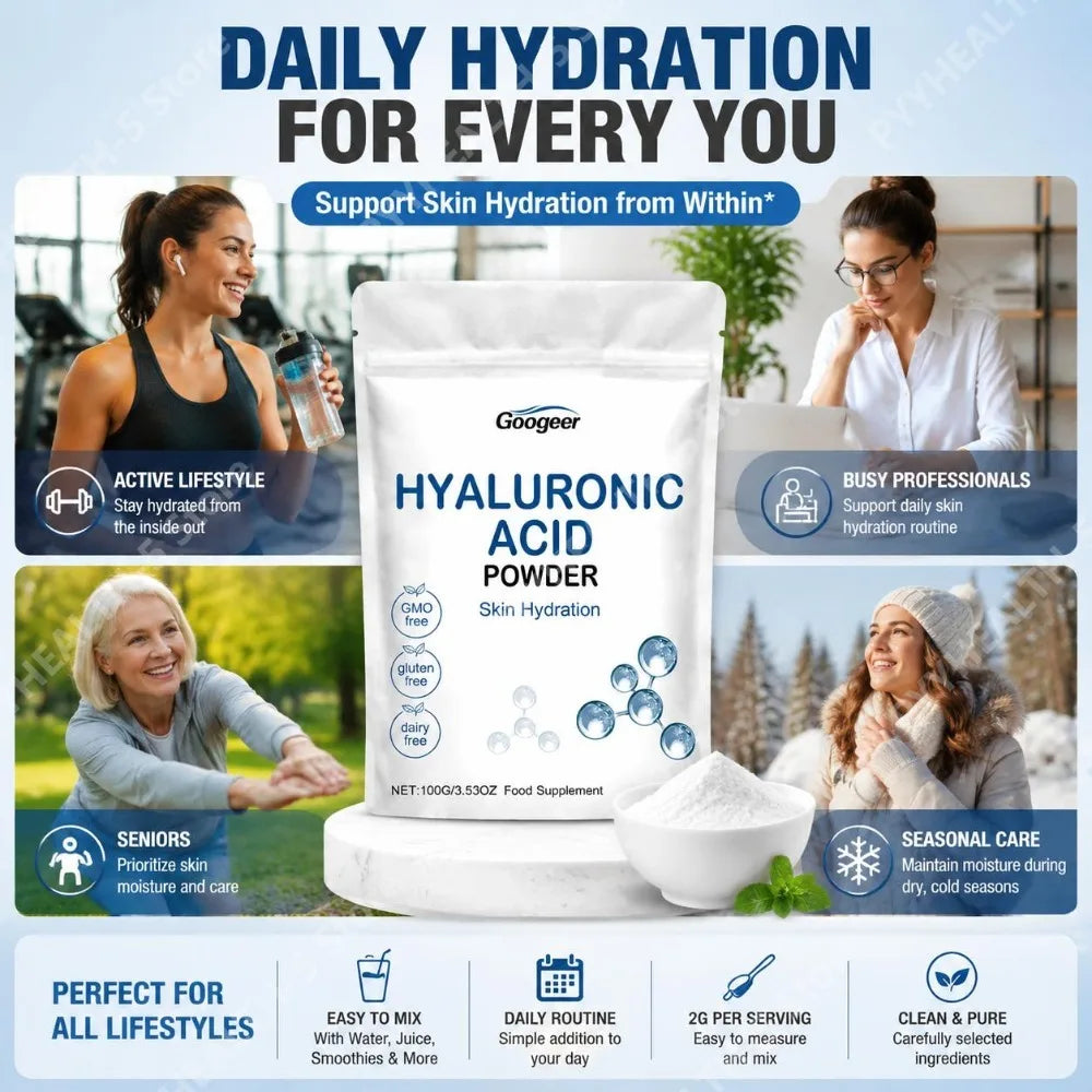 Googeer Hyaluronic Acid Powder for Skin Hydration and Deep Moisturizing, GMO Free Gluten Free Daily Beauty Wellness Support 100g