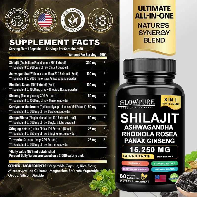 Shilajit 8-in-1 Supplement with Ginseng & Ashwagandha Supports Brain Memory Energy Immunity Focus Vitality 30/60 Capsules