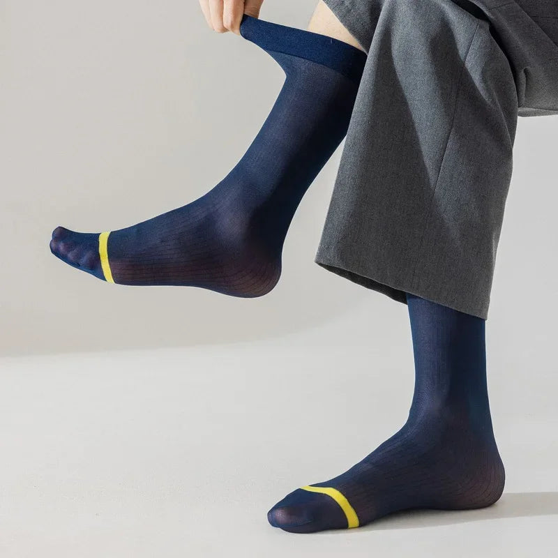 7 Pairs Man Short Silk Socks Thin Nylon Sweat-Absorbing Breathable Business Striped Soft Elastic Party Dress Casual Socks Summer
