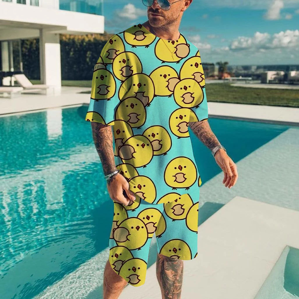 Cute duck 3D printed T-shirt shorts set for men's casual fashion loose short sleeved T-shirt pants set for men's lightweight and