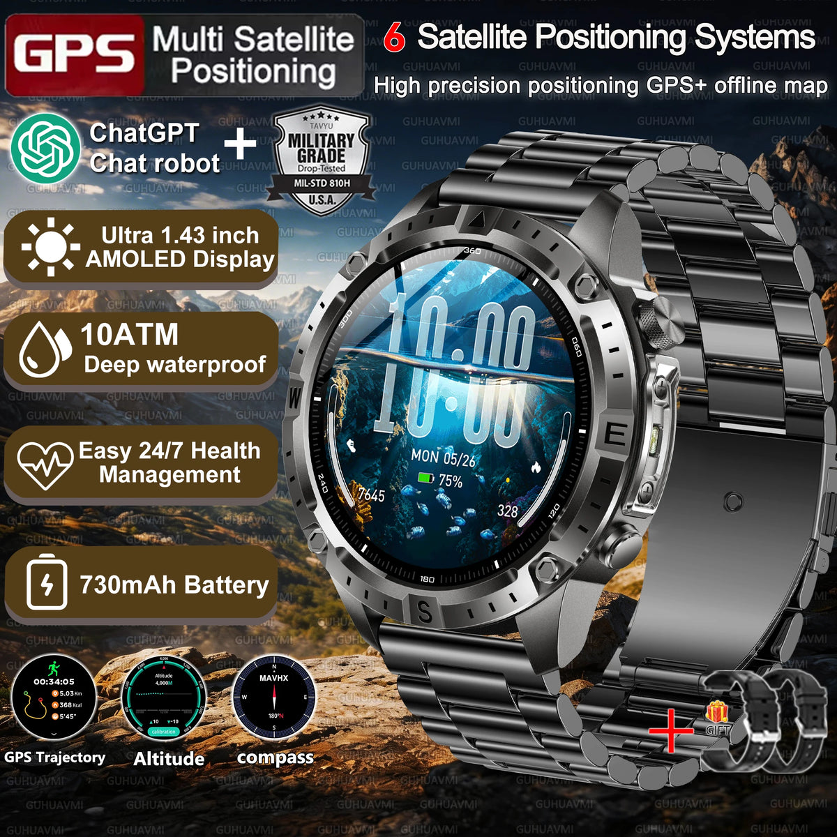 2026New Tank Grade Built in GPS SmartWatch Offline Map 10ATM Swim 2GB Music Compass Bluetooth Call Fitness Sports Smartwatch Men