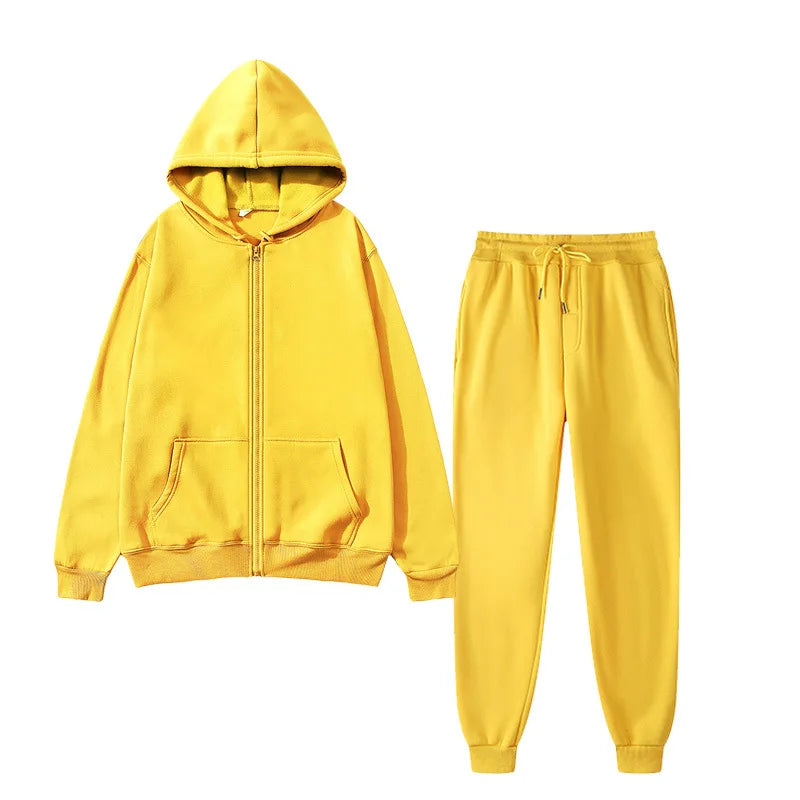 Unisex Solid Color Sportswear Set, Fashionable and Casual, Autumn and Winter Warm Zipper Hooded Cardigan Sweatshirt+Sweatpants