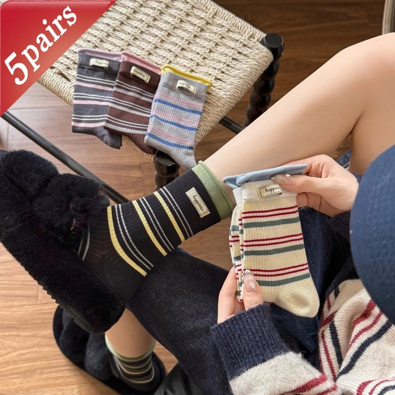 5 Pairs Women's Socks Pack High-quality Pile Socks For Girl Korean Striped Simple Fashionable Versatile Sweet Middle Tube Socks