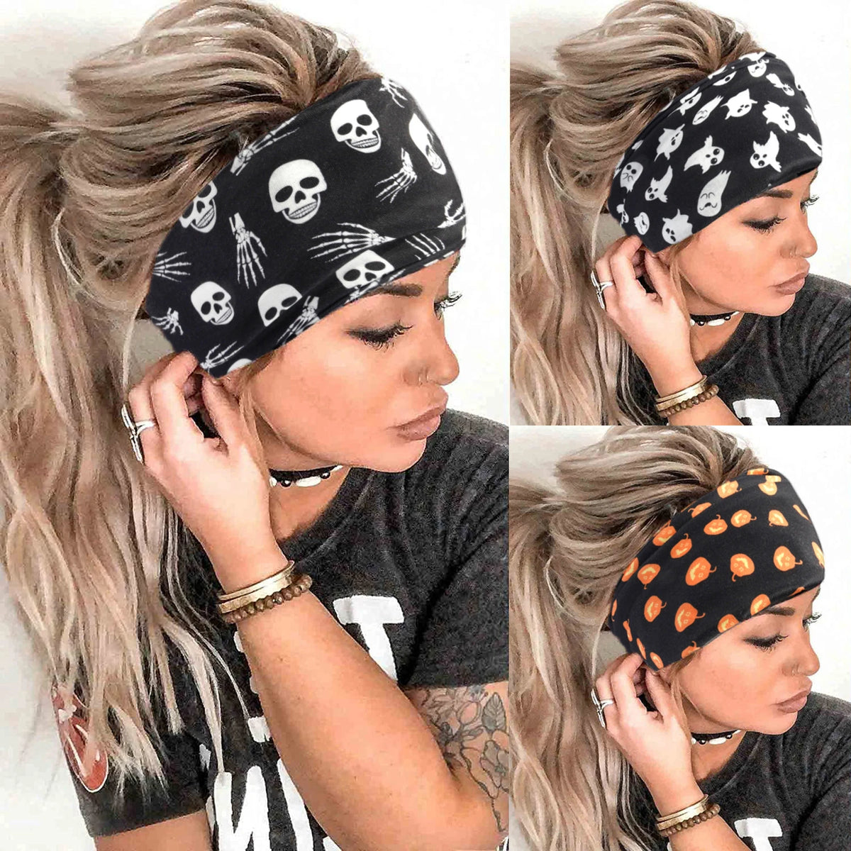 Halloween Printed Wide Headband Skull Pumpkin Ghost Pattern Stretch Elastic Hair Band Women Party Hair Accessory