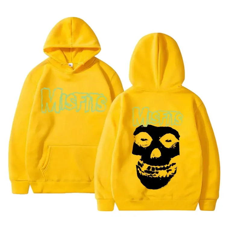 2025 Horror Punk Misfits Skull Graphic Print Hoodie Men Gothic Vintage Loose Fleece Cotton Hooded Sweatshirt Rock Style Pullover