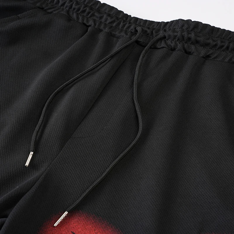 Men Flame Print Loose Hip Hop Shorts Elastic Drawstring Waist Exquisite Hem Breathable Street Daily Travel Outdoor Casual Shorts