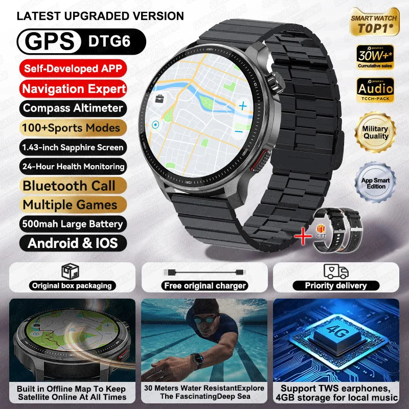 NEW 4GB GPS Offline Maps Smart Watch Men TWS Music Video Player 3D Menu Styles Compass Voice Call Sports Waterproof Bracelet Men
