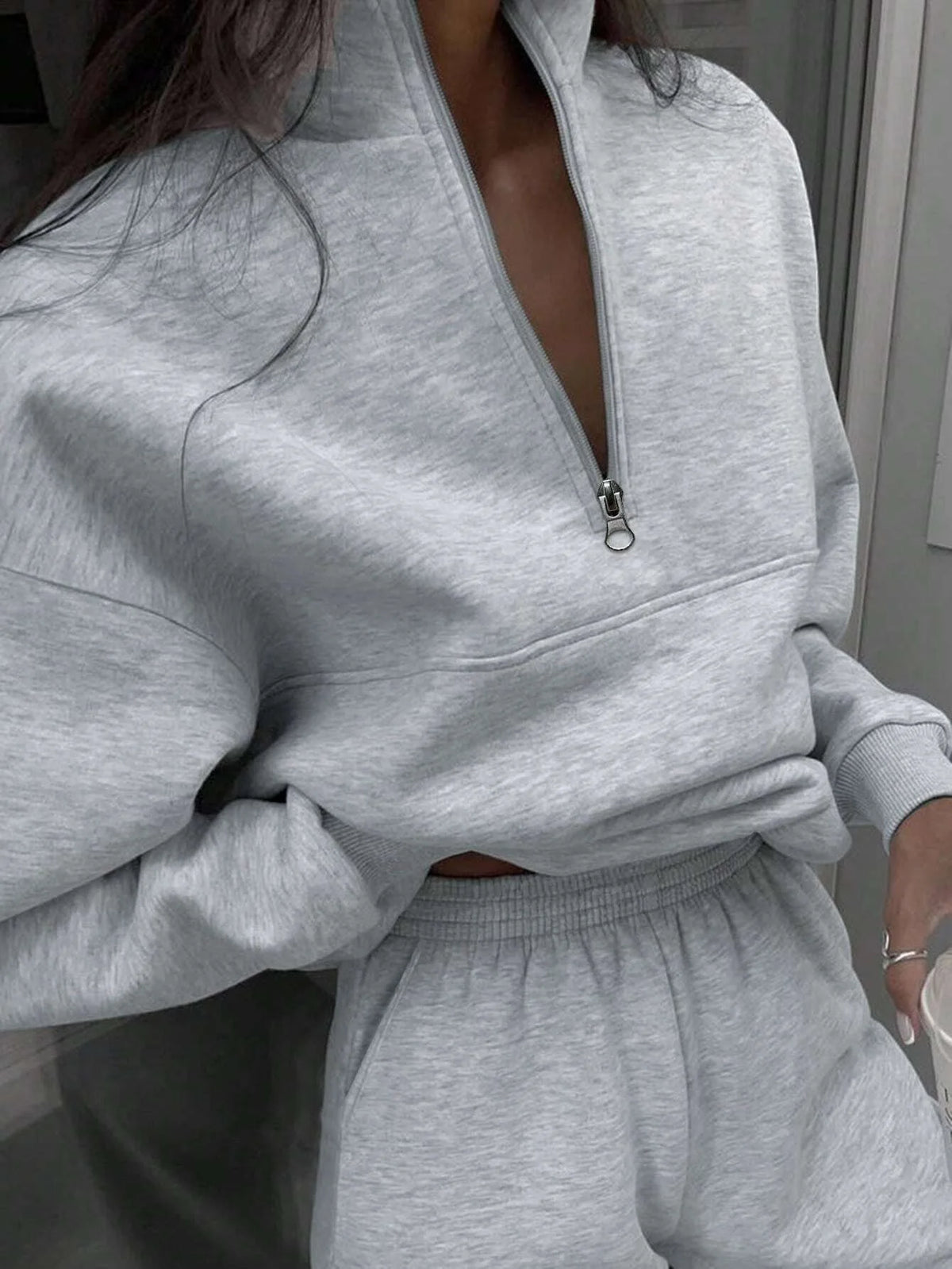 FSMG Casual Half High Neck Tracksuit Solid Long Sleeve Zippers Pullovers+Elastic Waist Pant 2 Piece Set Female Sport Outifits