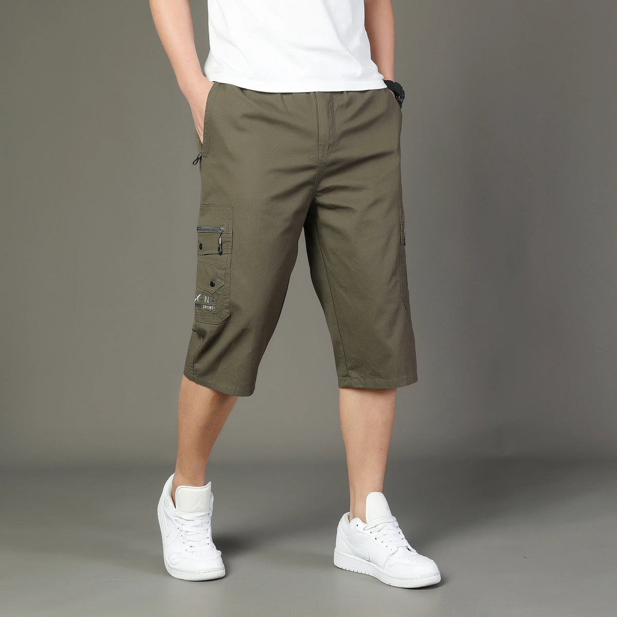 Loose Cargo Shorts Outdoor Hiking Man Keen Length Summer Cotton Breathable Elastic Waist Short Pants Drawstrring 3/4 Cargo Pants