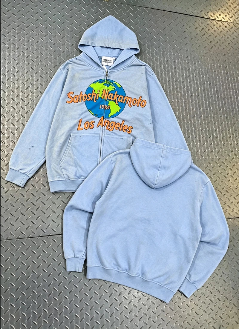 Street Casual SATOSHI Hoodies Pullover Embossed Pattern Embroidery Turtle Shell Design Washed Hooded Men Women Loose Sweatshirts