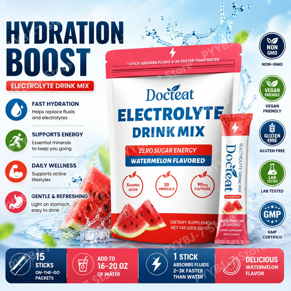 Zero Sugar Watermelon Electrolyte Powder with 90mg Caffeine Amino Acids Minerals Vitamins Provide Energy Replenishment 15 Sticks