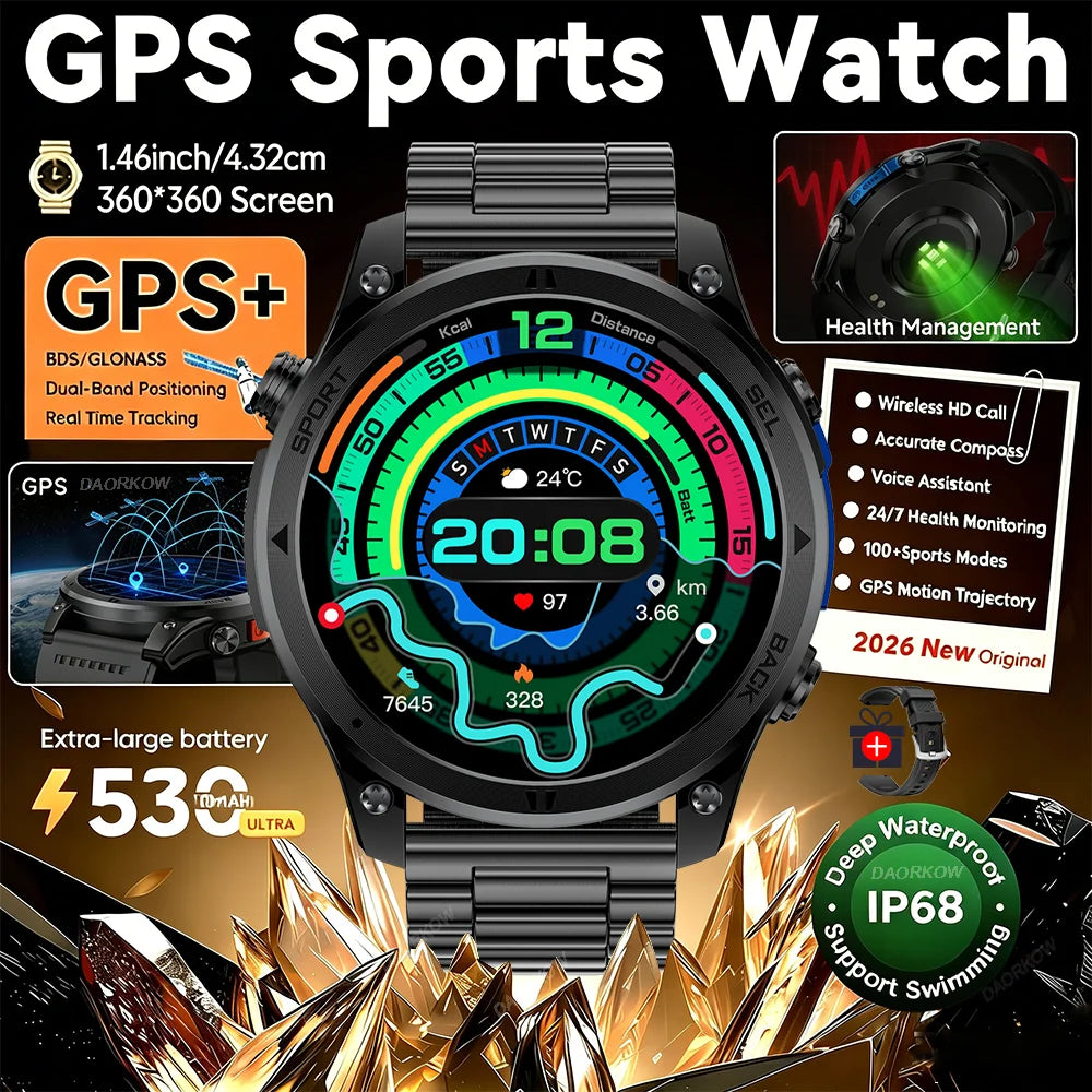 Gold Smartwatch for Men: 1.46-Inch AMOLED Screen, LED Flashlight, 560mAh Battery, 10ATM Waterproof, Bluetooth Call Smartwatch