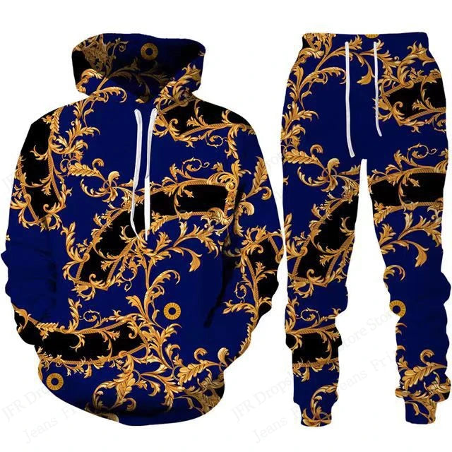 Mens Two Piece Hoodie Pant Sets Golden Pattern 3d Print Sets Men Women Fashion Hoodie+Pant 2 Piece Suit Sports Tracksuit Comfort