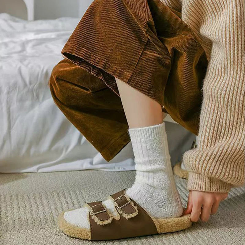 2 Pairs Cashmere Socks Wool Women's Boot Socks Diamond Check Thicken Warm Mid Tube Thermal Fashion Solid Simple Snow Socks
