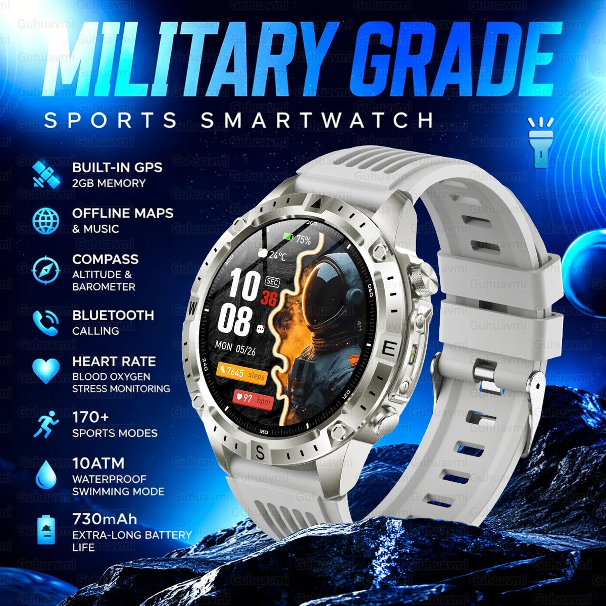 2026 New Rugged Military Smartwatch 2GB Memory GPS Offline Maps Compass 24H Heart Rate 10ATM Waterproof Bluetooth Sports Watches