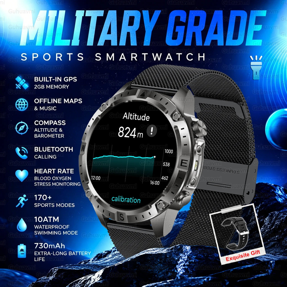 2026 New Rugged Military Smartwatch 2GB Memory GPS Offline Maps Compass 24H Heart Rate 10ATM Waterproof Bluetooth Sports Watches