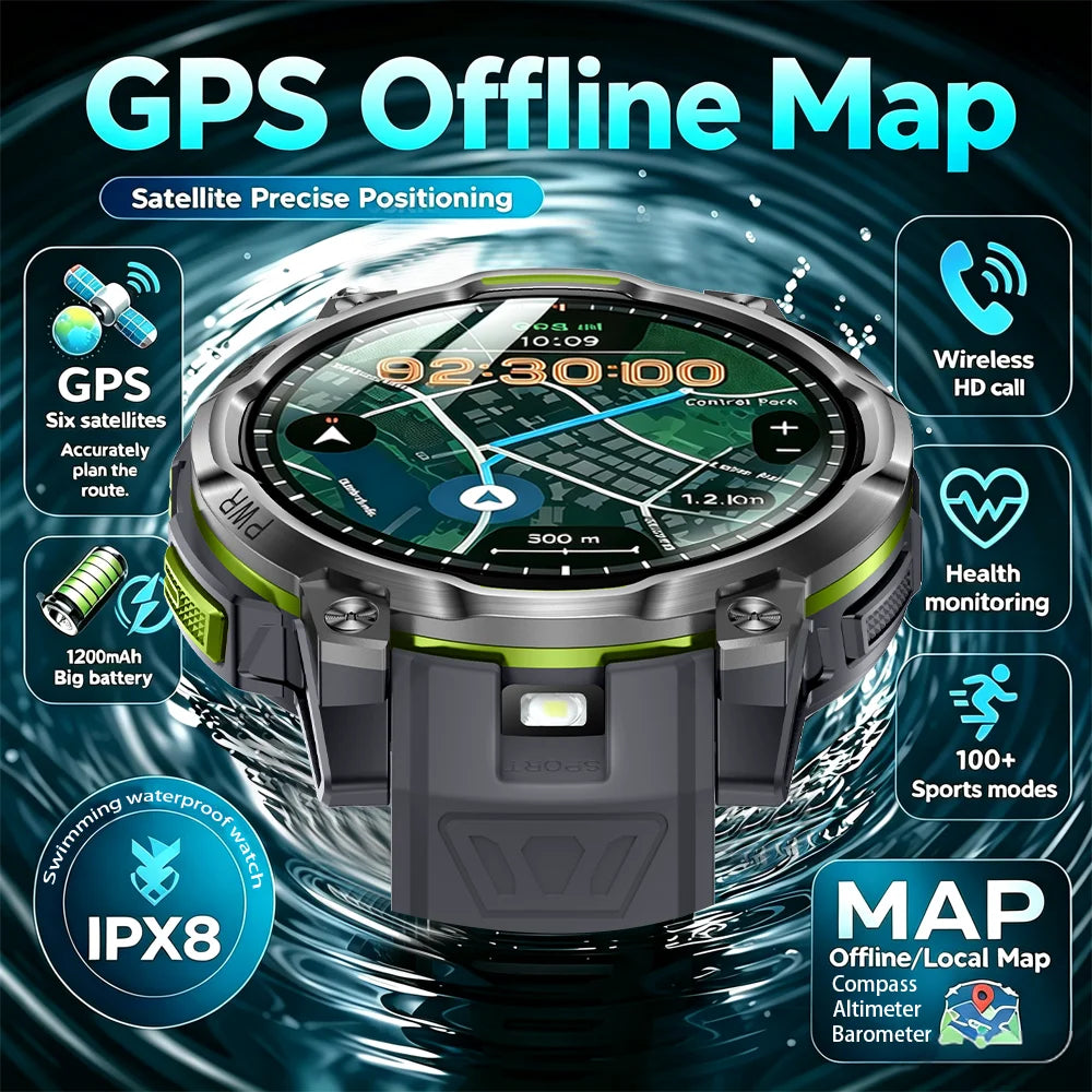 New Outdoor GPS Offline Map Smart Watch Men IPX8 Waterproof 100+ Sports LED Compass Altimeter AMOLED Bluetooth Call Smartwatch
