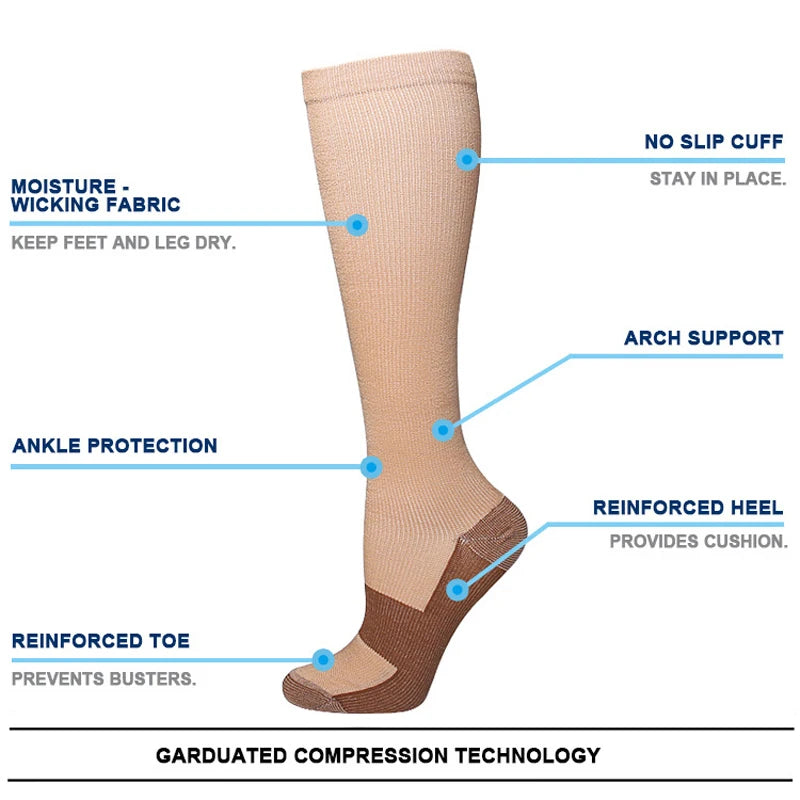 6Pairs Copper Ion Sports Compression Socks for Men Women Solid Color Compression Pressure Socks for Cycling Football Basketball