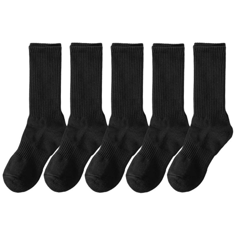 5 Pairs/lot Pure Cotton Men's High Socks Classic Black White Breathable Sweat-Absorbent Women's Autumn Warm Elastic Sports Socks