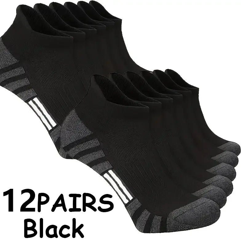 12Pairs Men Black White Grey Towel Bottom Sweat Absorbent Anti Odor Breathable Non Slip Ear Loop Short Socks For Running Sport