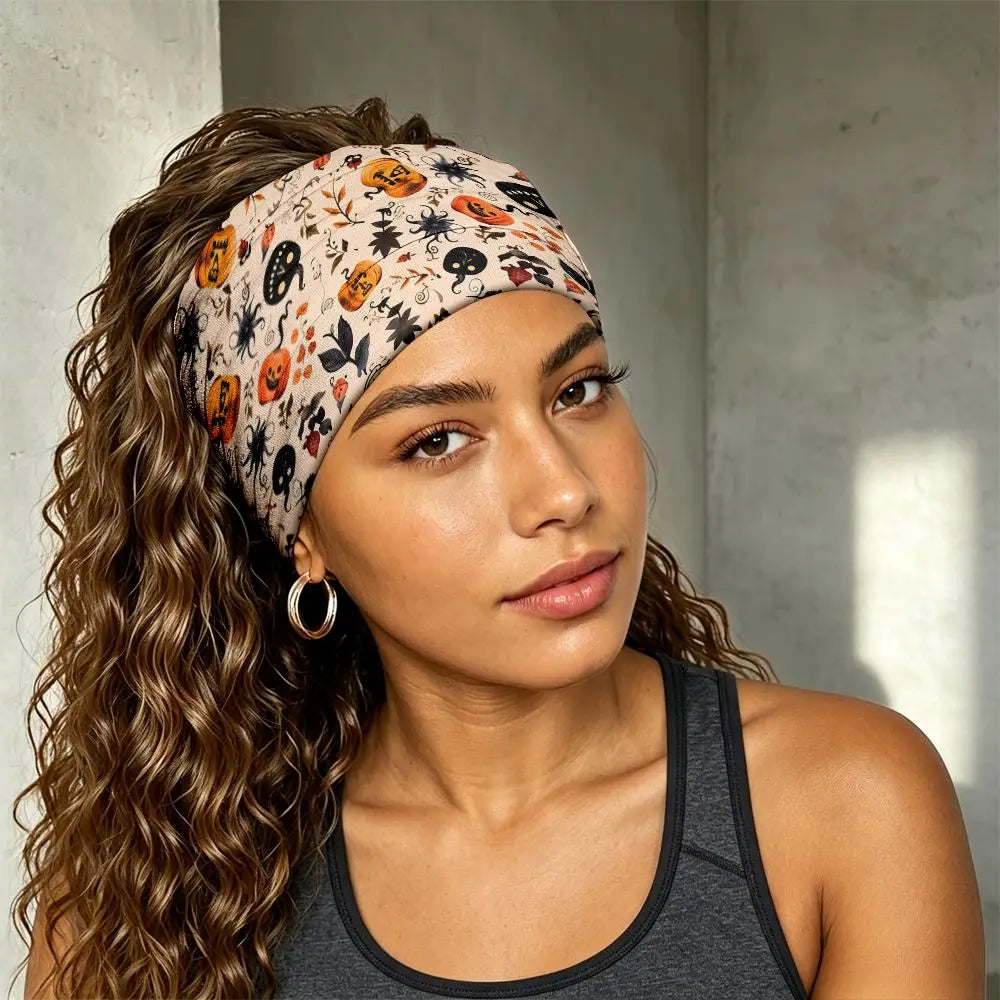1pc Women's Wide Exercise Headband with Halloween Pumpkin Spider Black Cat Print Printing, Sports Headbands, Stretchy Knot Wraps