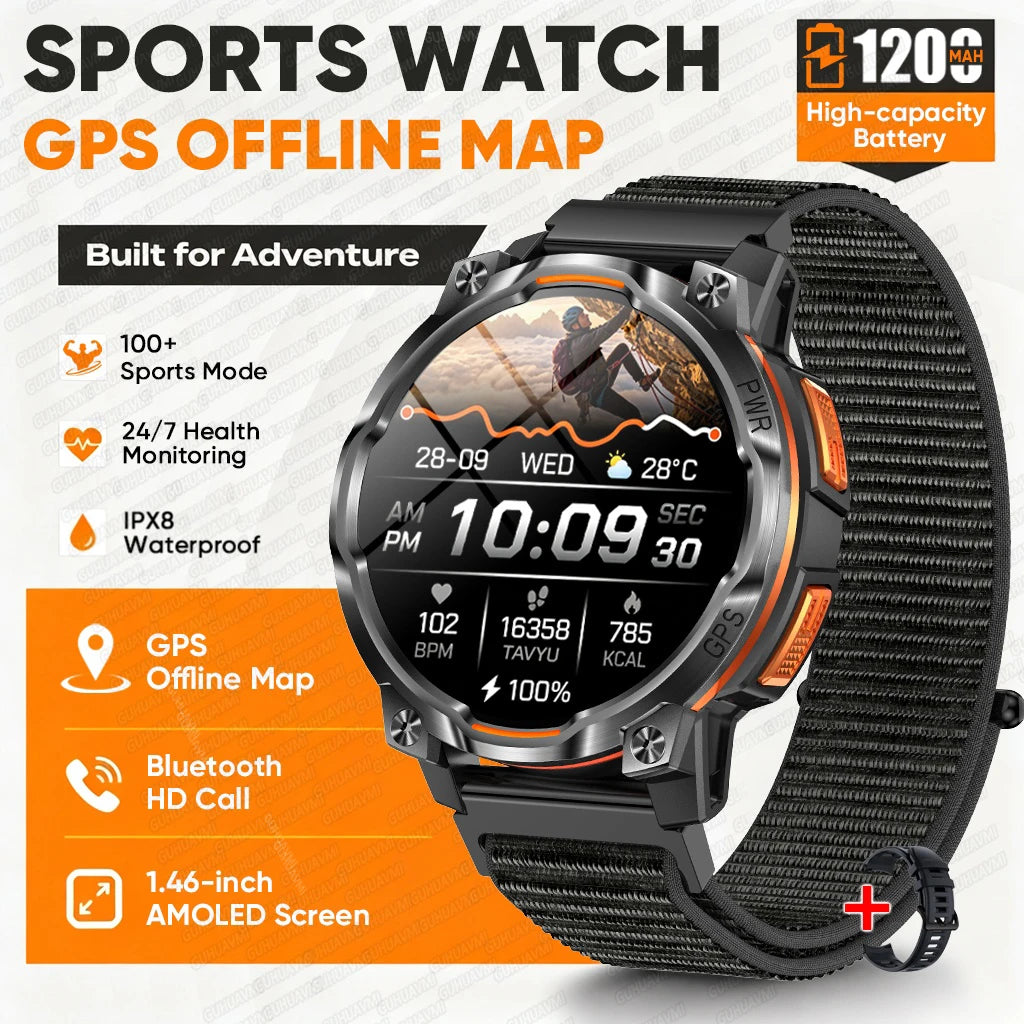 2026 New GPS Offline Map Smart Watch Men 1200mAh Battery IPX8 Waterproof Compass Altimeter Flashlight Bluetooth Call Smartwatch