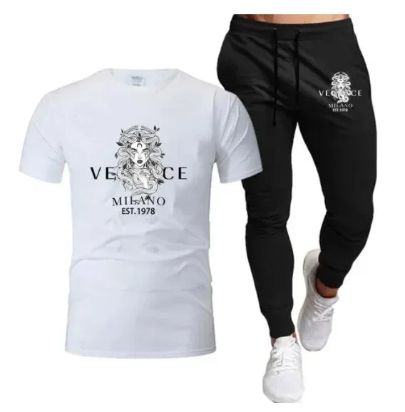 Men's Printed Fitness Tshirt and Pants Set, Urban Tracksuit, Men's Running Wear, Intel Suit