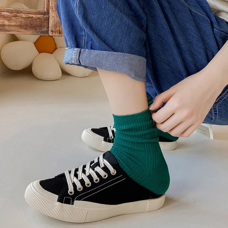 Solid Cotton Socks Women Ins Green Long Socks lolita skateboard Femme Stripe Socks Ankle Dress Calcetine Medias skarpety zimowe